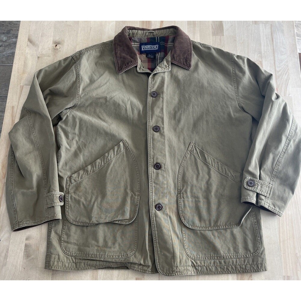 LANDS' END L 42-44 Chore Jacket Barn Coat Corduroy Collar Cuffs Plaid Lining